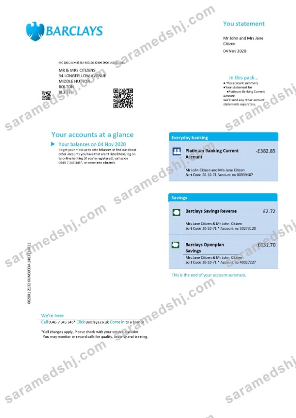 UK Barclays utility bill template in Word and PDF format